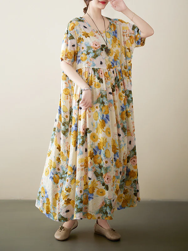 A-Line Loose Floral Printed Round-Neck Midi Dresses - Image 5