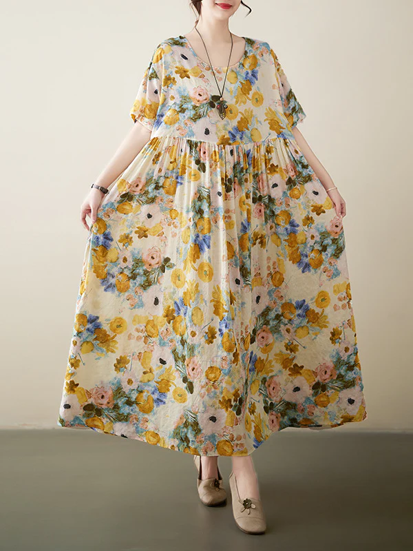 A-Line Loose Floral Printed Round-Neck Midi Dresses - Image 6