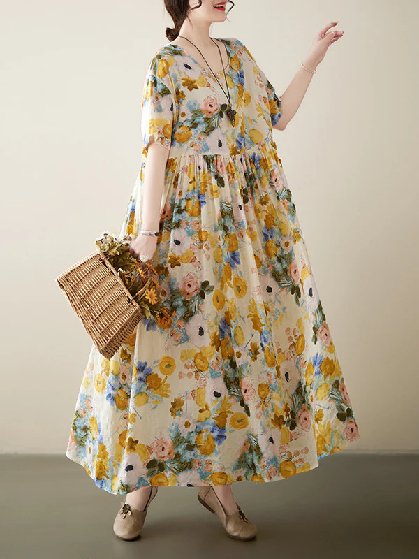 A-Line Loose Floral Printed Round-Neck Midi Dresses - Image 7