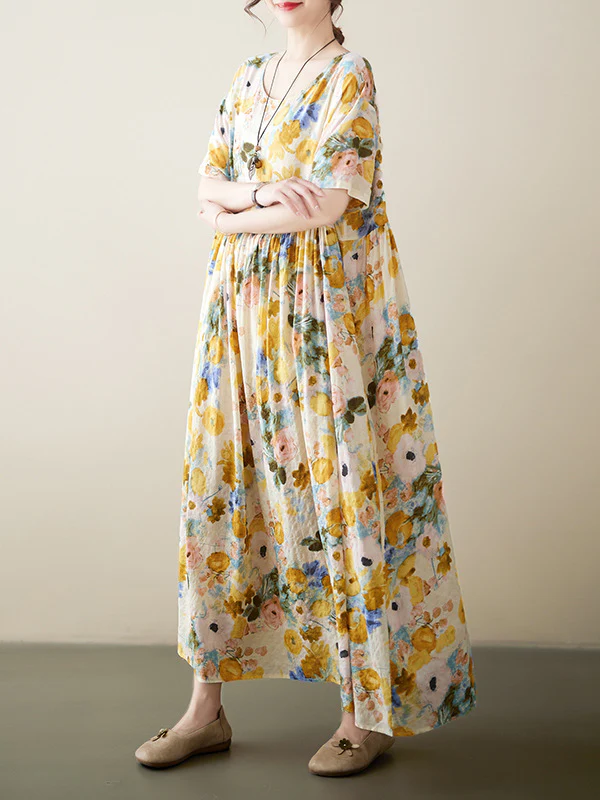 A-Line Loose Floral Printed Round-Neck Midi Dresses - Image 8