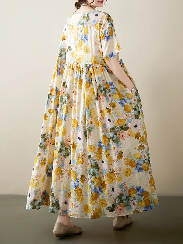 A-Line Loose Floral Printed Round-Neck Midi Dresses - Image 9