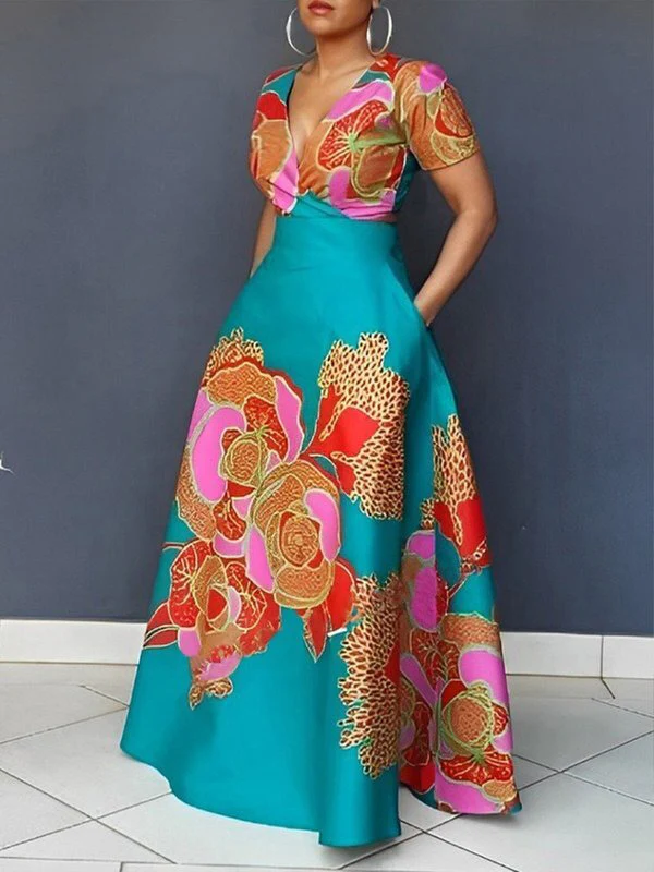 A-Line Loose Floral Printed Split-Joint Deep V-Neck Evening Dresses Maxi Dresses - Image 2