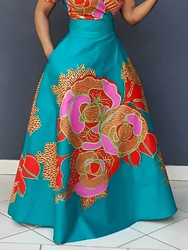 A-Line Loose Floral Printed Split-Joint Deep V-Neck Evening Dresses Maxi Dresses - Image 3
