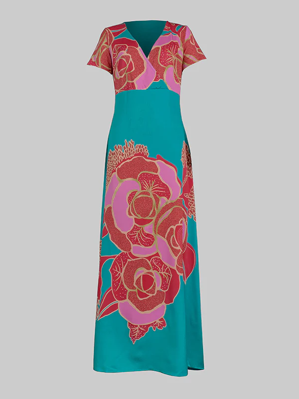 A-Line Loose Floral Printed Split-Joint Deep V-Neck Evening Dresses Maxi Dresses - Image 4