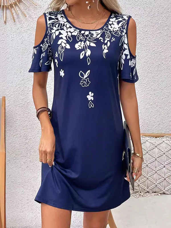 A-Line Loose Flower Print Hollow Cold Shoulder Mini Dresses - Image 3