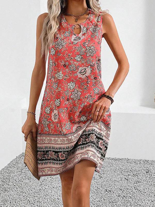 A-Line Loose Flower Print Hollow U-Neck Mini Dresses - Image 3