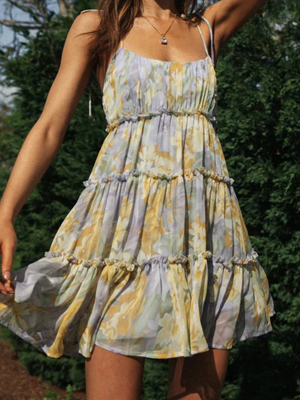 A-Line Loose Flower Print Layered Pleated Split-Joint Tied Spaghetti-Neck Mini Dresses - Image 11