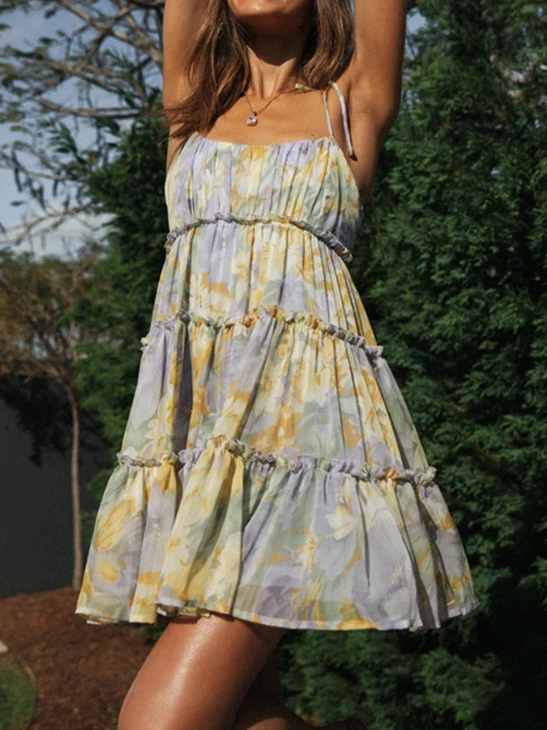 A-Line Loose Flower Print Layered Pleated Split-Joint Tied Spaghetti-Neck Mini Dresses - Image 12