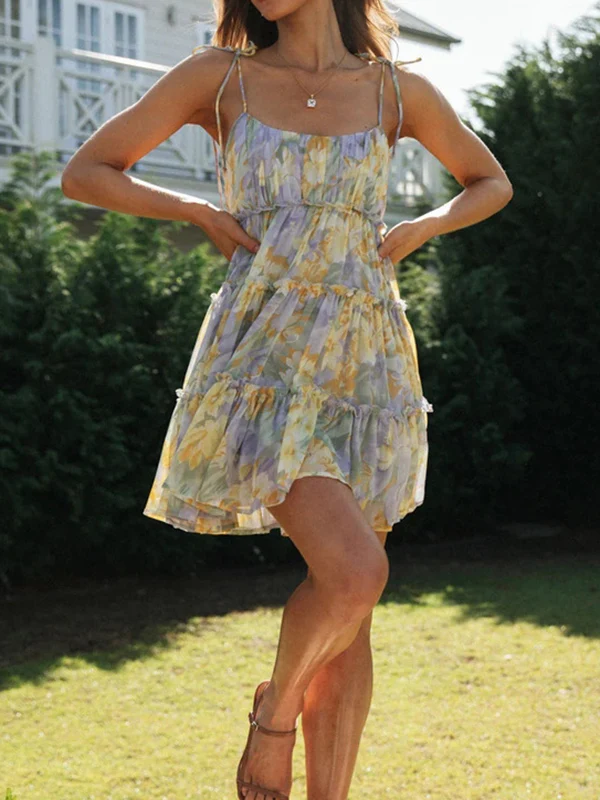 A-Line Loose Flower Print Layered Pleated Split-Joint Tied Spaghetti-Neck Mini Dresses - Image 13