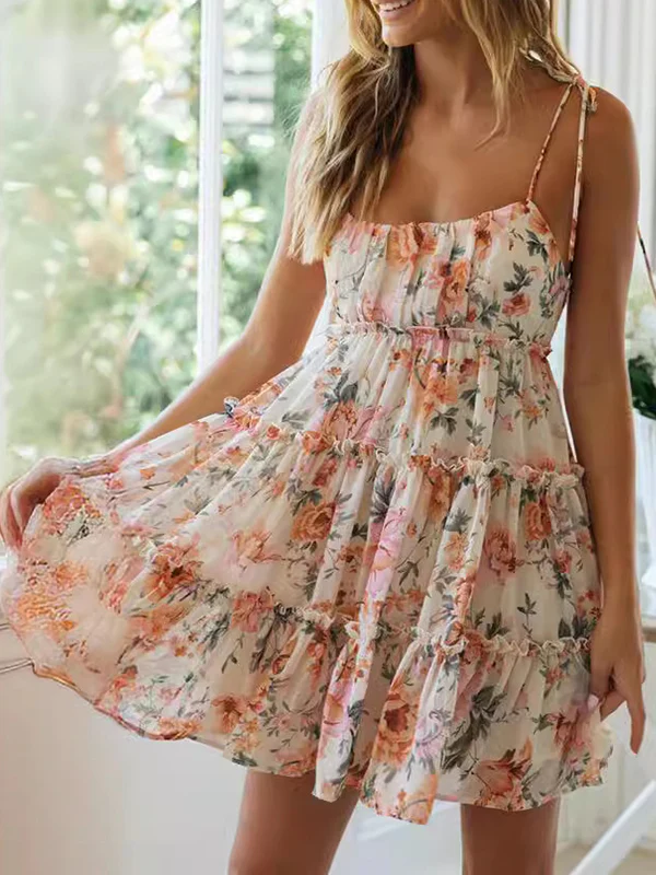 A-Line Loose Flower Print Layered Pleated Split-Joint Tied Spaghetti-Neck Mini Dresses - Image 3