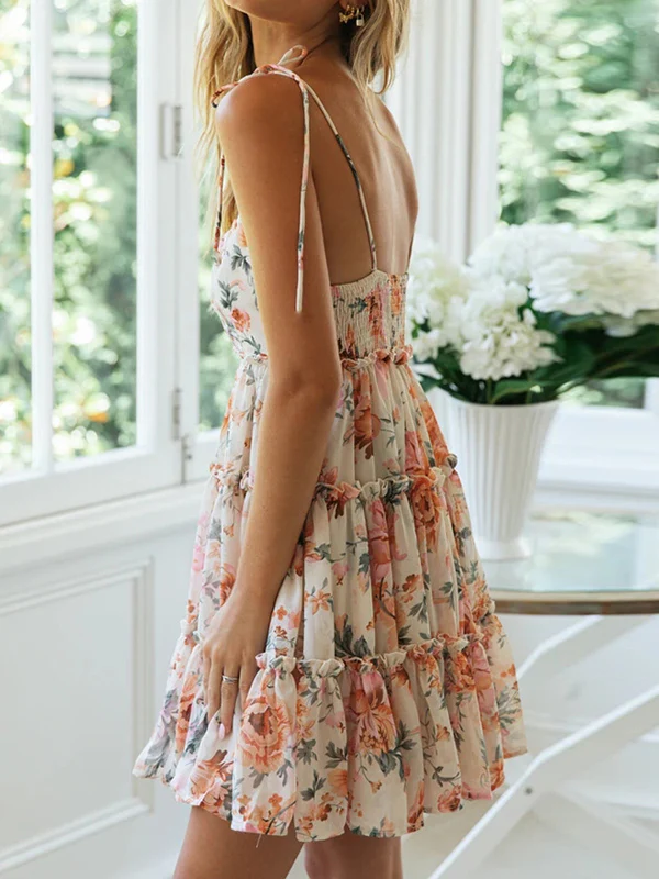 A-Line Loose Flower Print Layered Pleated Split-Joint Tied Spaghetti-Neck Mini Dresses - Image 6