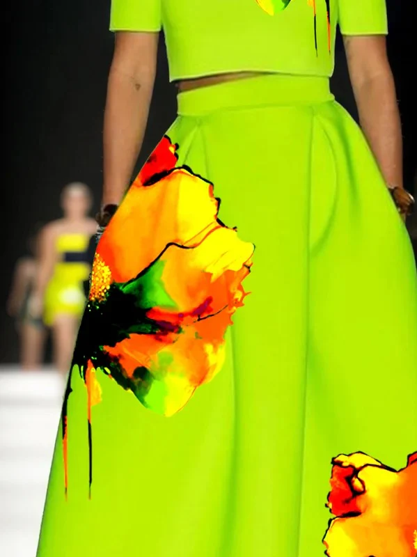 A-Line Loose Flower Print Pleated Pockets Skirts Bottoms - Image 3