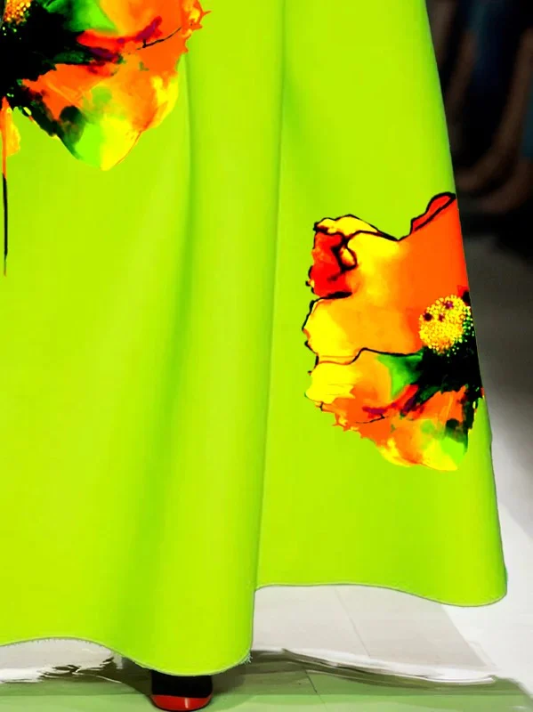 A-Line Loose Flower Print Pleated Pockets Skirts Bottoms - Image 4