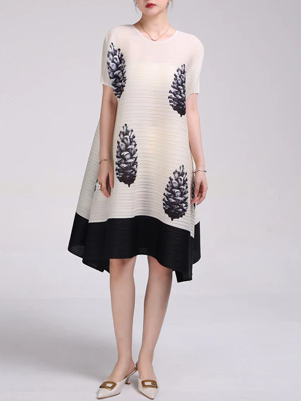 A-Line Loose Flower Print Pleated Round-Neck Midi Dresses - Image 10
