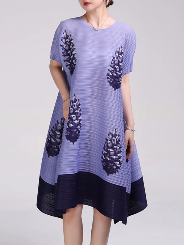 A-Line Loose Flower Print Pleated Round-Neck Midi Dresses - Image 2
