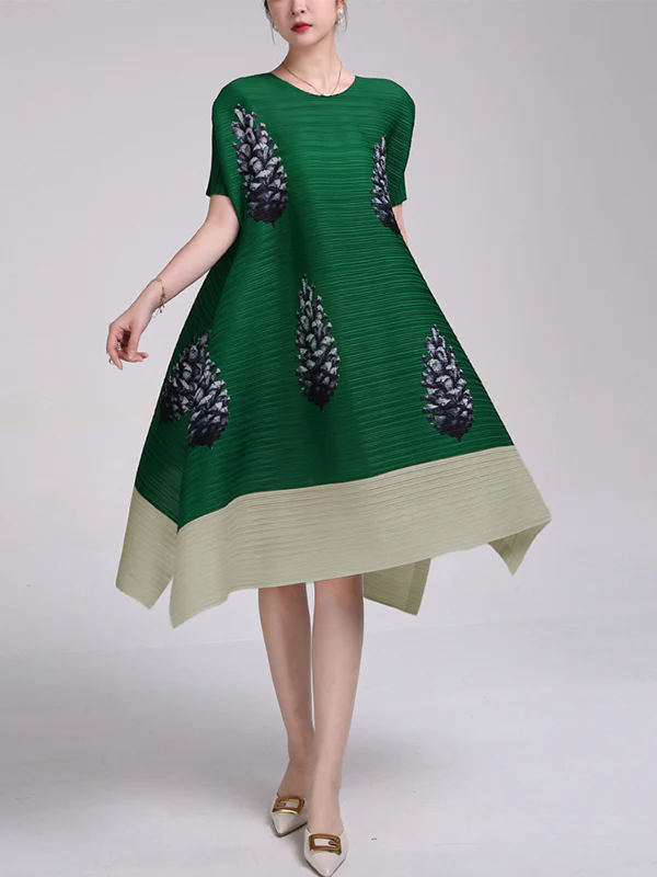 A-Line Loose Flower Print Pleated Round-Neck Midi Dresses - Image 3