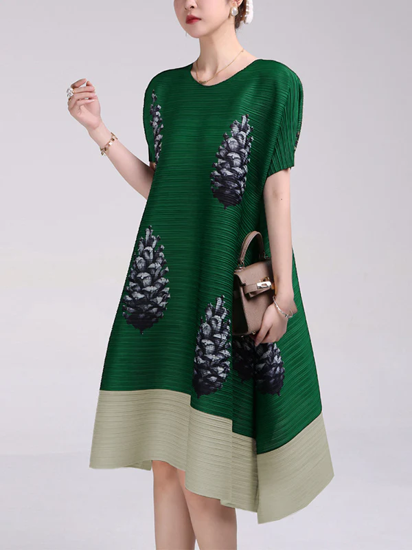 A-Line Loose Flower Print Pleated Round-Neck Midi Dresses - Image 4