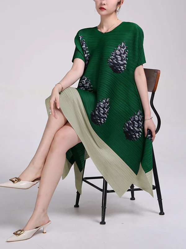 A-Line Loose Flower Print Pleated Round-Neck Midi Dresses - Image 5