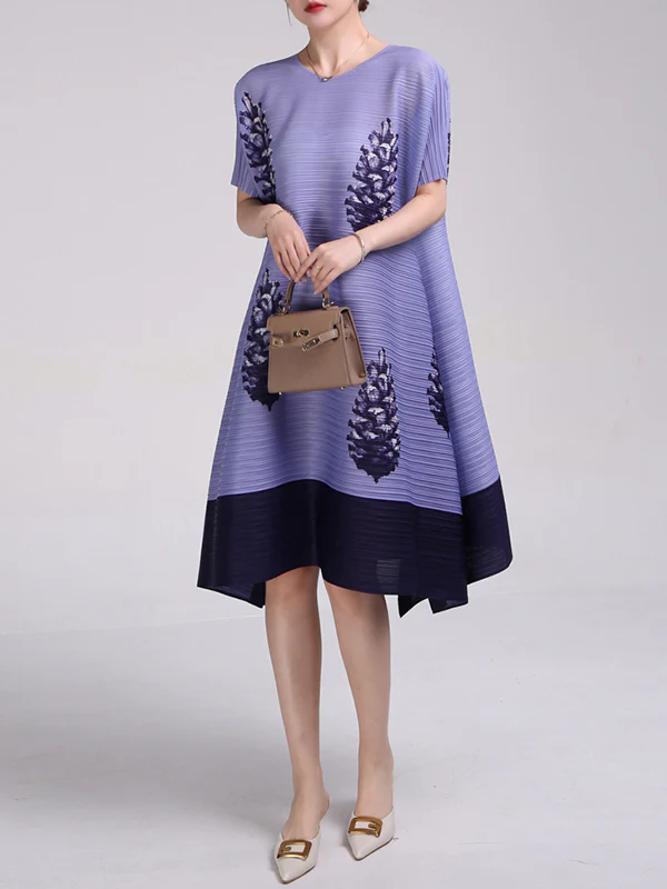 A-Line Loose Flower Print Pleated Round-Neck Midi Dresses - Image 6