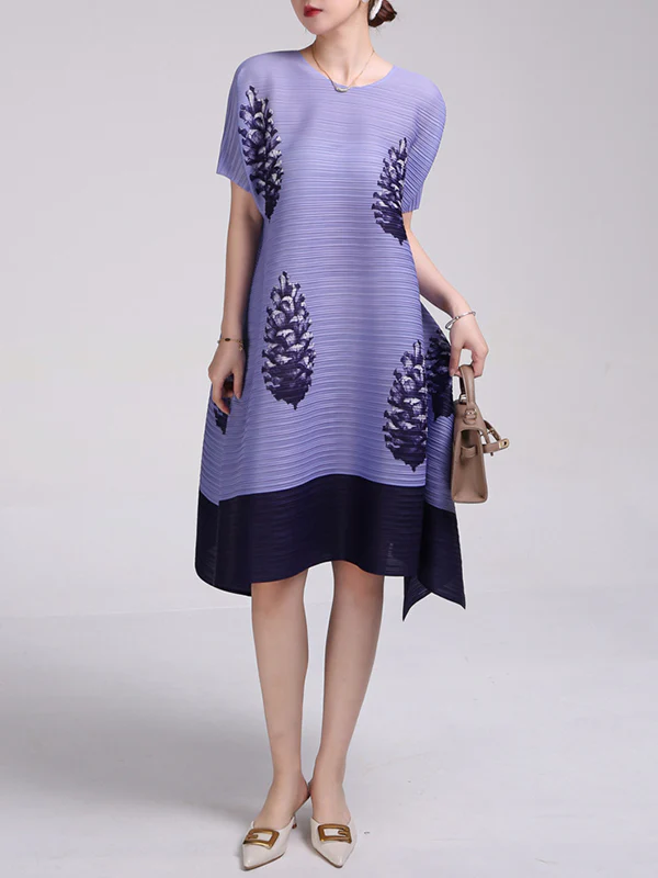 A-Line Loose Flower Print Pleated Round-Neck Midi Dresses - Image 7