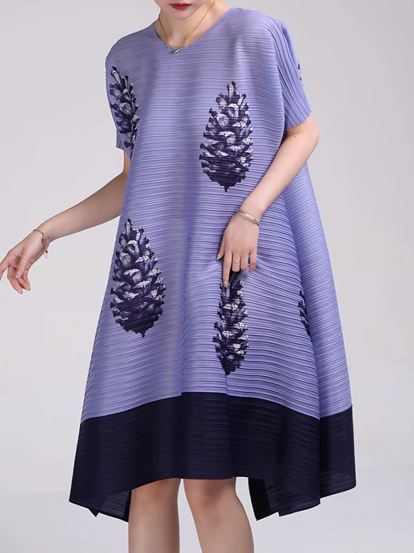 A-Line Loose Flower Print Pleated Round-Neck Midi Dresses - Image 8