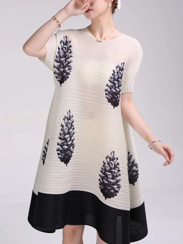 A-Line Loose Flower Print Pleated Round-Neck Midi Dresses - Image 9