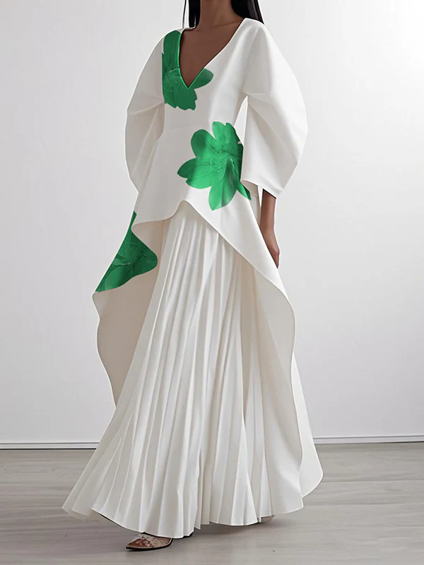 A-Line Loose Flower Print Pleated V-Neck Maxi Dresses - Image 2
