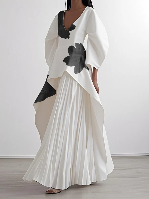 A-Line Loose Flower Print Pleated V-Neck Maxi Dresses - Image 3