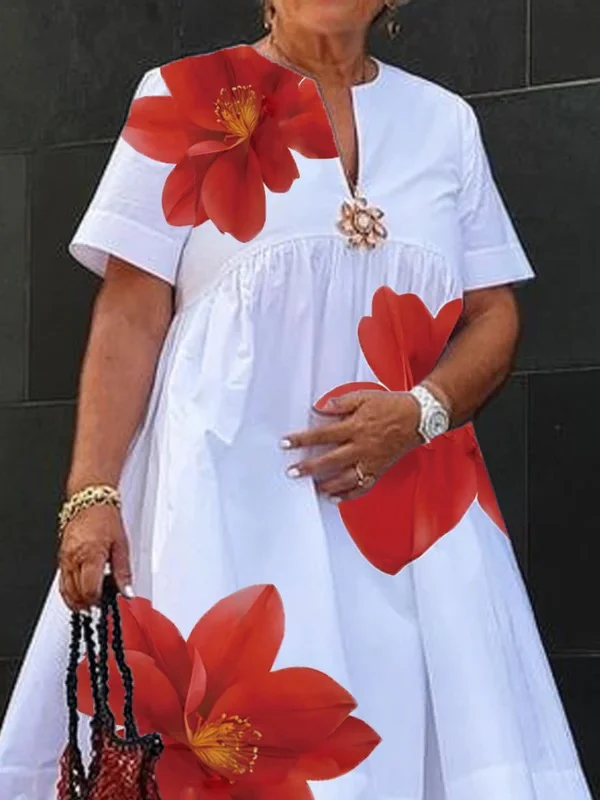 A-Line Loose Flower Print Pleated V-Neck Midi Dresses - Image 2