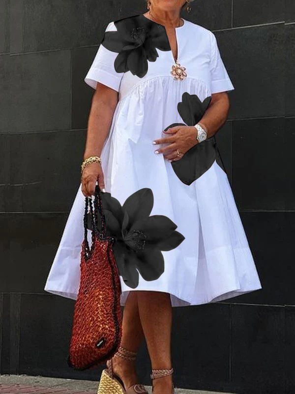 A-Line Loose Flower Print Pleated V-Neck Midi Dresses - Image 5