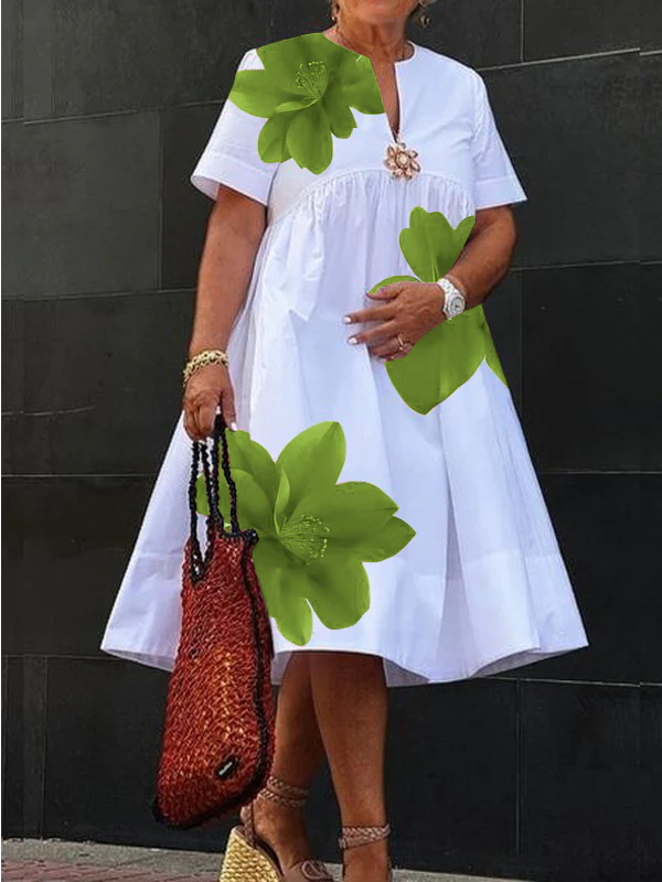 A-Line Loose Flower Print Pleated V-Neck Midi Dresses - Image 7