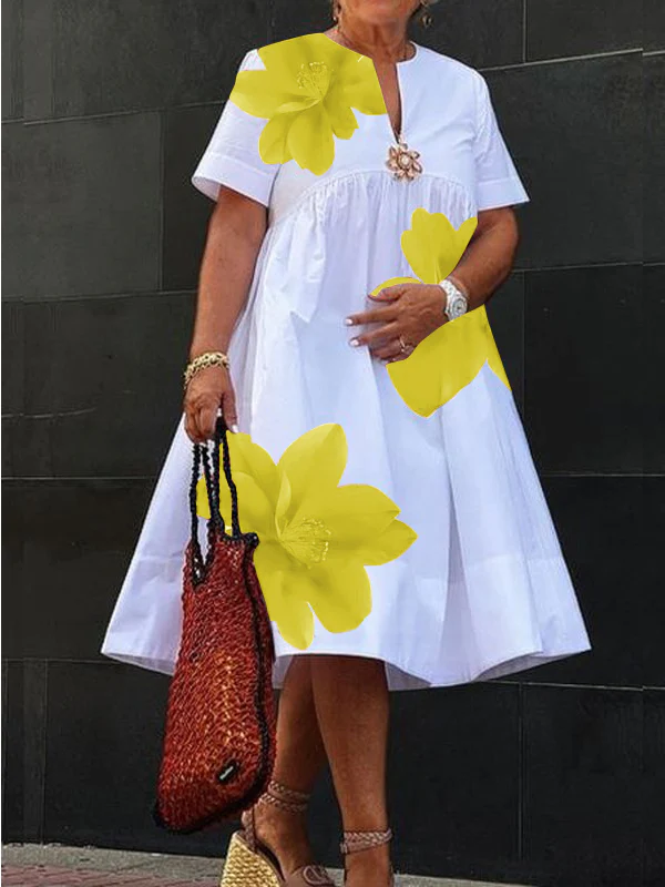 A-Line Loose Flower Print Pleated V-Neck Midi Dresses - Image 8