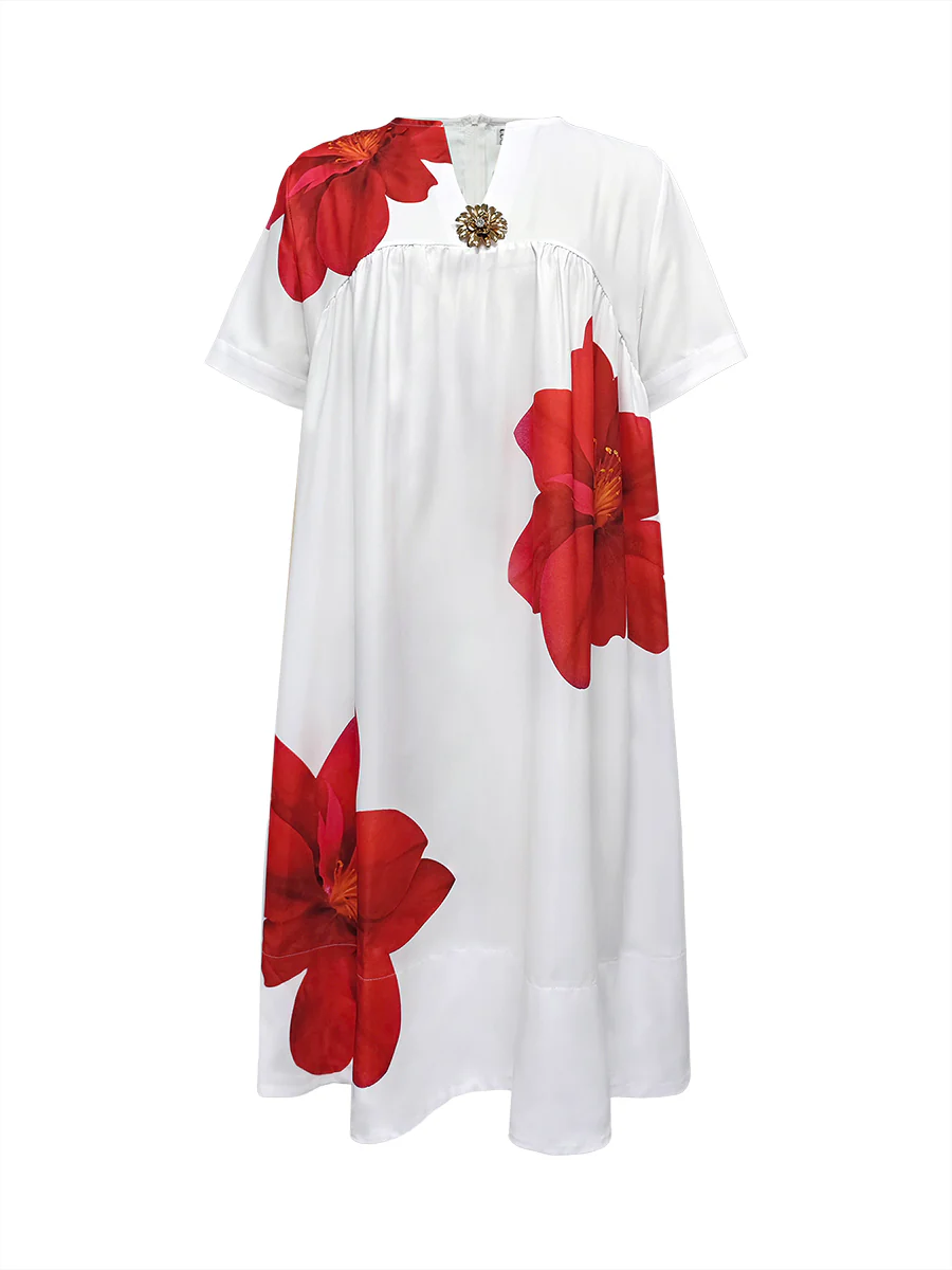 A-Line Loose Flower Print Pleated V-Neck Midi Dresses - Image 9