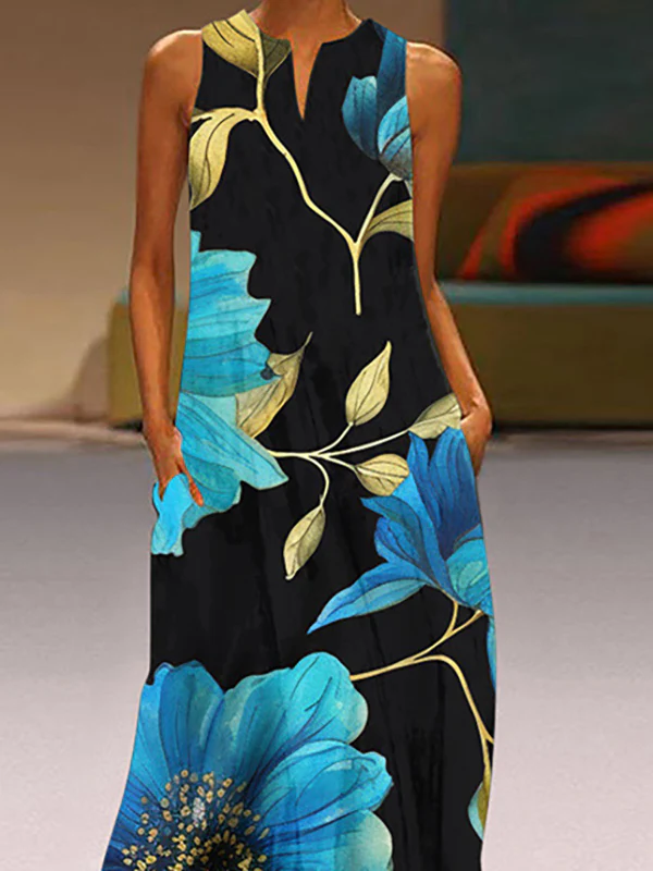 A-Line Loose Flower Print Pockets V-Neck Maxi Dresses - Image 2