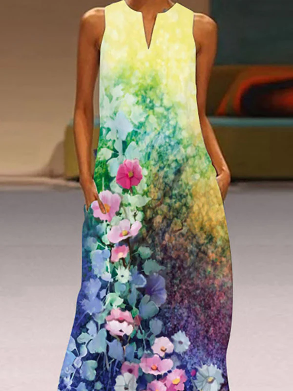 A-Line Loose Flower Print Round-Neck Maxi Dresses - Image 2