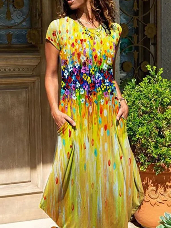 A-Line Loose Flower Print Round-Neck Midi Dresses - Image 2