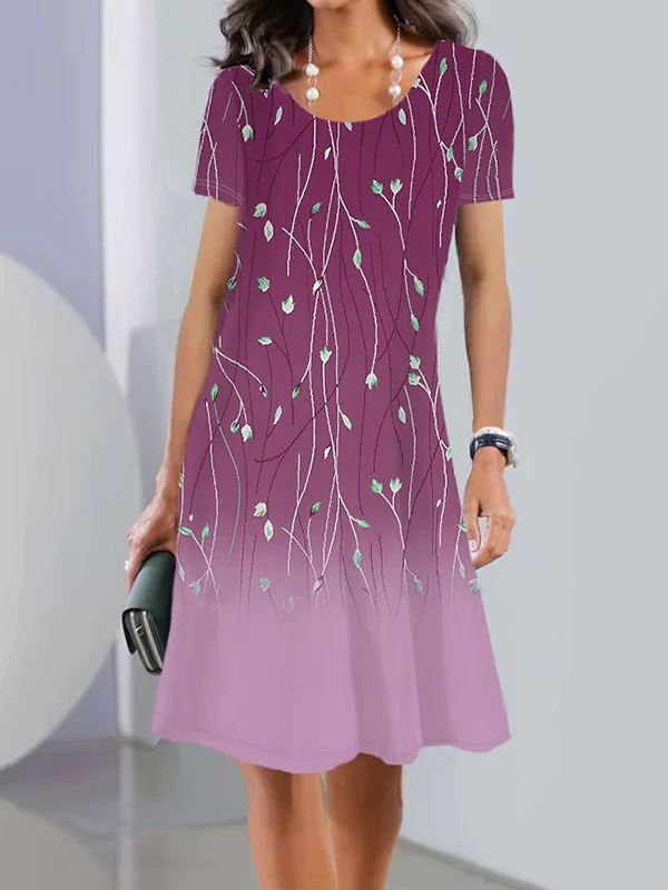 A-Line Loose Flower Print Round-Neck Mini Dresses - Image 2