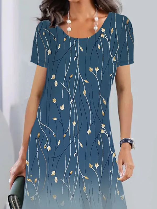 A-Line Loose Flower Print Round-Neck Mini Dresses - Image 3