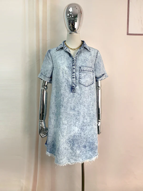 A-Line Loose Fringed Pleated Pockets Split-Joint Lapel Mini Dresses - Image 10