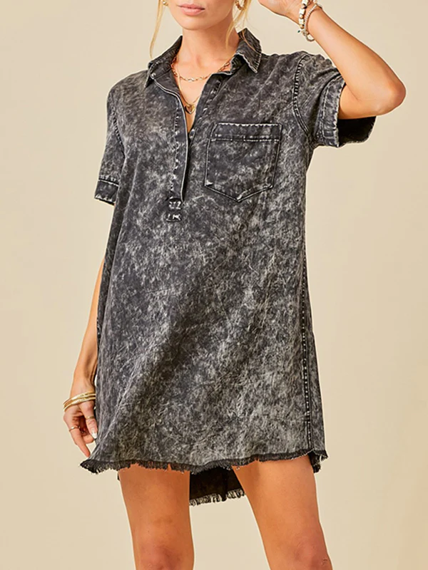 A-Line Loose Fringed Pleated Pockets Split-Joint Lapel Mini Dresses - Image 4