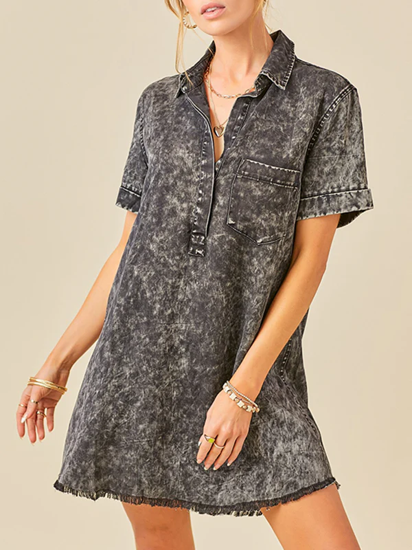 A-Line Loose Fringed Pleated Pockets Split-Joint Lapel Mini Dresses - Image 5