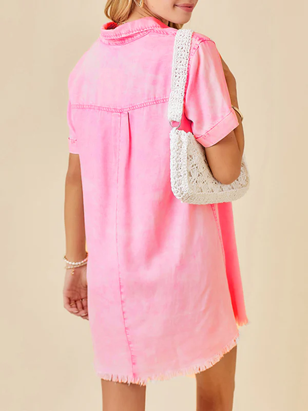 A-Line Loose Fringed Pleated Pockets Split-Joint Lapel Mini Dresses - Image 7