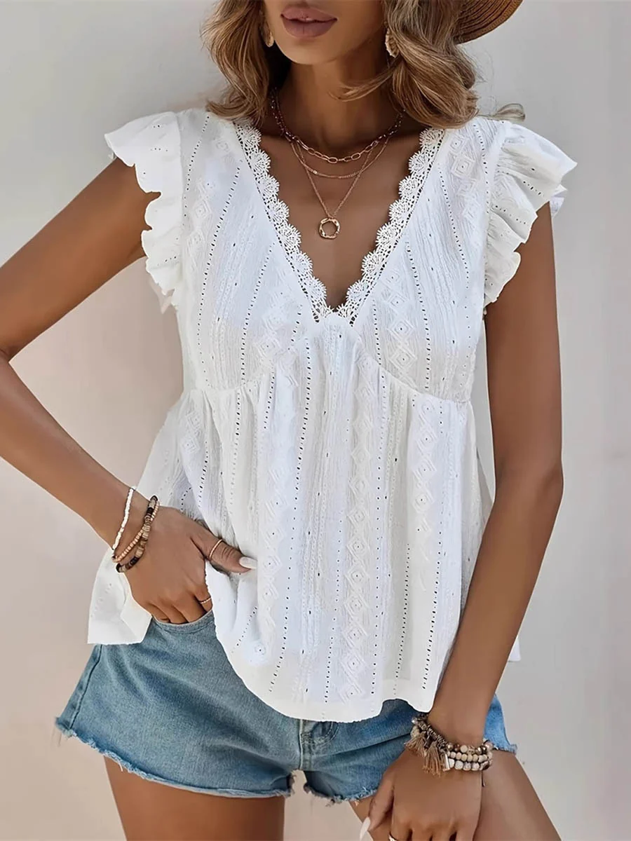 A-Line Loose Hollow Pleated Ruffled Solid Color Split-Joint Textured V-Neck Blouses&Shirts Tops - Image 2