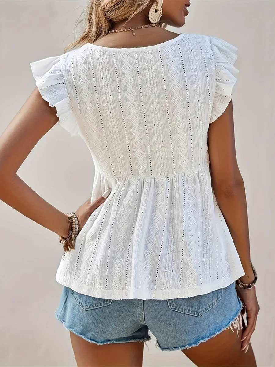A-Line Loose Hollow Pleated Ruffled Solid Color Split-Joint Textured V-Neck Blouses&Shirts Tops - Image 4