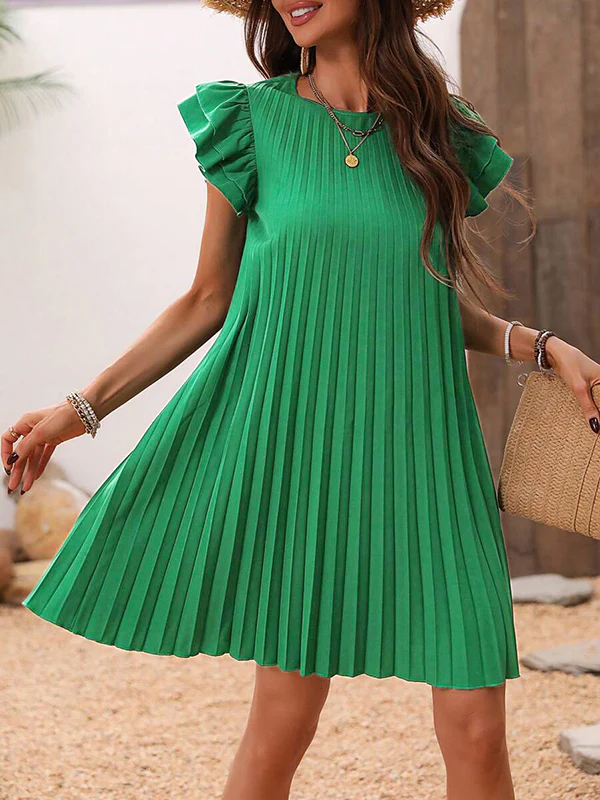 A-Line Loose Hollow Pleated Solid Color Split-Joint Round-Neck Mini Dresses - Image 2