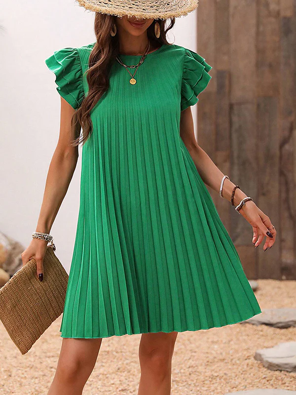 A-Line Loose Hollow Pleated Solid Color Split-Joint Round-Neck Mini Dresses - Image 5