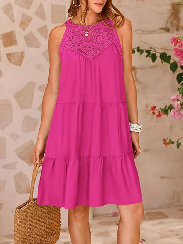 A-Line Loose Hollow Pleated Solid Color Split-Joint Round-Neck Mini Dresses - Image 10