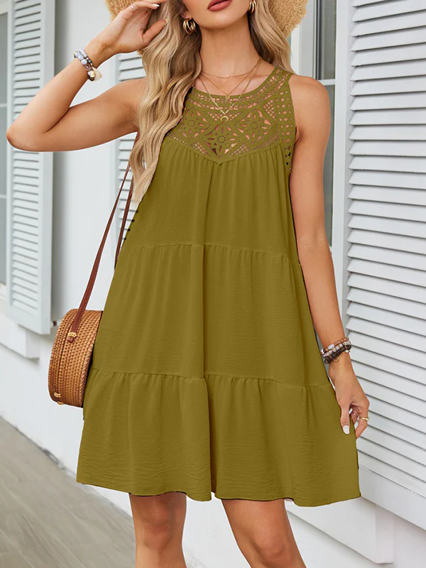 A-Line Loose Hollow Pleated Solid Color Split-Joint Round-Neck Mini Dresses - Image 12
