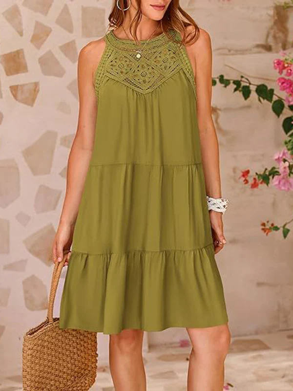 A-Line Loose Hollow Pleated Solid Color Split-Joint Round-Neck Mini Dresses - Image 13