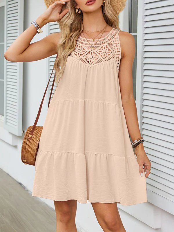 A-Line Loose Hollow Pleated Solid Color Split-Joint Round-Neck Mini Dresses - Image 15